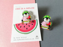 Load image into Gallery viewer, Watermelon penguin recycled acrylic pin. You are one in a melon. Positive, cheer up gift