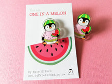 Load image into Gallery viewer, Watermelon penguin recycled acrylic pin. You are one in a melon. Positive, cheer up gift