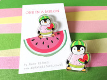 Load image into Gallery viewer, Watermelon penguin recycled acrylic pin. You are one in a melon. Positive, cheer up gift