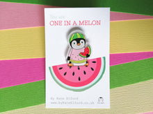 Load image into Gallery viewer, Watermelon penguin recycled acrylic pin. You are one in a melon. Positive, cheer up gift
