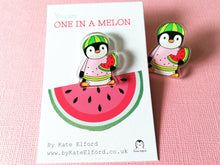 Load image into Gallery viewer, Watermelon penguin recycled acrylic pin. You are one in a melon. Positive, cheer up gift