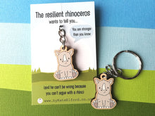 Load image into Gallery viewer, Mini resilient rhino keyring, mini wooden rhinoceros key fob, eco friendly wood, key chain, positive gift