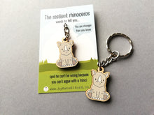 Load image into Gallery viewer, Mini resilient rhino keyring, mini wooden rhinoceros key fob, eco friendly wood, key chain, positive gift