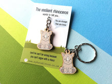 Load image into Gallery viewer, Mini resilient rhino keyring, mini wooden rhinoceros key fob, eco friendly wood, key chain, positive gift
