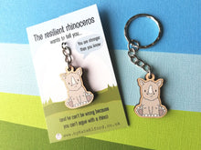 Load image into Gallery viewer, Mini resilient rhino keyring, mini wooden rhinoceros key fob, eco friendly wood, key chain, positive gift