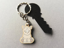 Load image into Gallery viewer, Tiny rhino keyring, mini rhinoceros wooden key fob, eco friendly wood