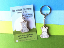 Load image into Gallery viewer, Mini resilient rhino keyring, mini wooden rhinoceros key fob, eco friendly wood, key chain, positive gift