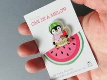 Load image into Gallery viewer, Watermelon penguin recycled acrylic pin. You are one in a melon. Positive, cheer up gift