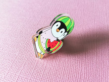 Load image into Gallery viewer, Watermelon penguin recycled acrylic pin. You are one in a melon. Positive, cheer up gift