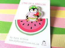 Load image into Gallery viewer, Watermelon penguin recycled acrylic pin. You are one in a melon. Positive, cheer up gift