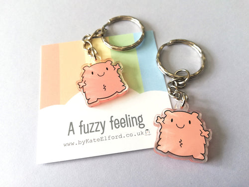A fuzzy feeling keyring, cute happy, love, positive key fob, friendship, support, care, recycled acrylic