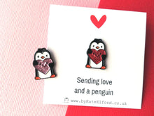 Load image into Gallery viewer, Little penguin and red or pink glitter heart pin. Cute penguin enamel pin. Sending love and a penguin
