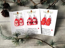 Load image into Gallery viewer, Christmas earrings, Red frosted acrylic, cute, sterling silver hooks, Christmas gingerbread men, snowmen or penguins. Christmas gift
