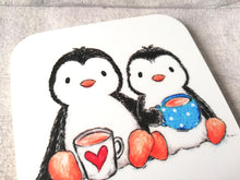 Load image into Gallery viewer, Two cute penguins having a cup of tea. Square glossy small coaster
