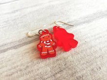 Load image into Gallery viewer, Christmas earrings, Red frosted acrylic, cute, sterling silver hooks, Christmas gingerbread men, snowmen or penguins. Christmas gift
