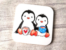 Load image into Gallery viewer, Two cute penguins having a cup of tea. Square glossy small coaster
