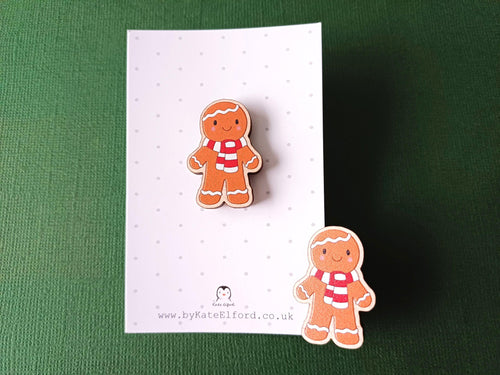 Christmas gingerbread pin, wooden pin brooch, Responsibly resourced wood, eco friendly. Christmas gingerbread man on a polka dot card