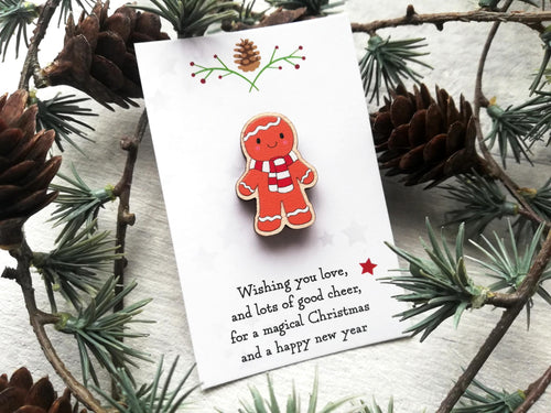 Christmas gingerbread pin gift, wooden pin brooch, Responsibly resourced wood, eco friendly. Christmas gingerbread person Christmas message wishing you love and lots of good cheer, for a magical Christmas and a happy new year