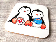 Load image into Gallery viewer, Two cute penguins having a cup of tea. Square glossy small coaster
