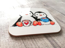 Load image into Gallery viewer, Two cute penguins having a cup of tea. Square glossy small coaster
