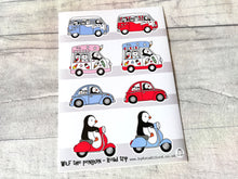 Load image into Gallery viewer, Road trip vinyl sticker sheet, Wilf the penguin
