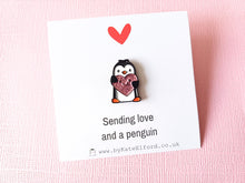 Load image into Gallery viewer, Little penguin and red or pink glitter heart pin. Cute penguin enamel pin. Sending love and a penguin
