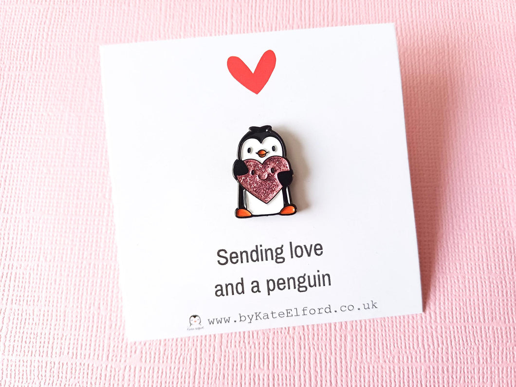 Little penguin and red or pink glitter heart pin. Cute penguin enamel pin. Sending love and a penguin