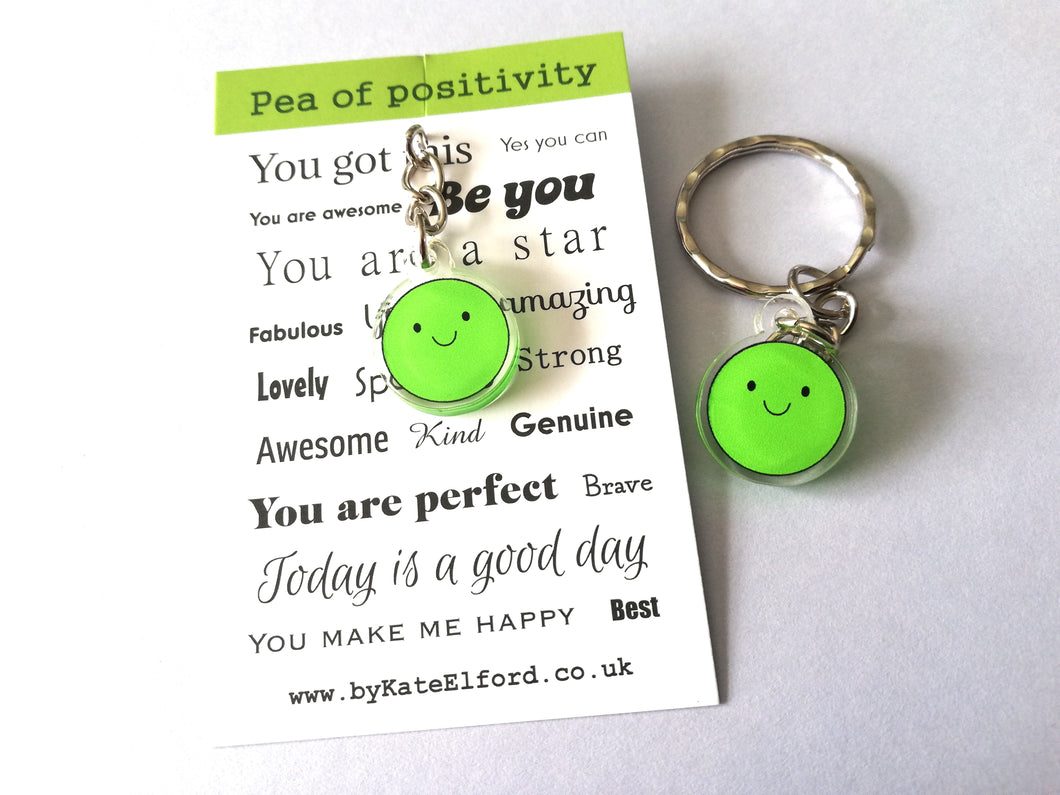Pea of positivity keyring, mini cute happy charm, positive key fob, friendship, supportive, recycled acrylic