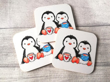 Load image into Gallery viewer, Two cute penguins having a cup of tea. Square glossy small coaster
