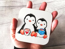 Load image into Gallery viewer, Two cute penguins having a cup of tea. Square glossy small coaster
