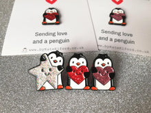 Load image into Gallery viewer, Little penguin and red or pink glitter heart pin. Cute penguin enamel pin. Sending love and a penguin
