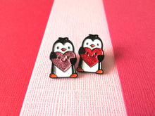 Load image into Gallery viewer, Little penguin and red or pink glitter heart pin. Cute penguin enamel pin. Sending love and a penguin
