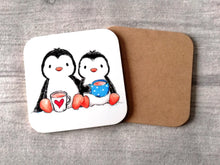 Load image into Gallery viewer, Two cute penguins having a cup of tea. Square glossy small coaster
