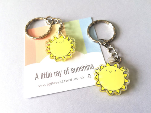 A little ray of sunshine keyring, mini cute positive key fob, friendship, thank you, postable, supportive, happy tiny recycled acrylic