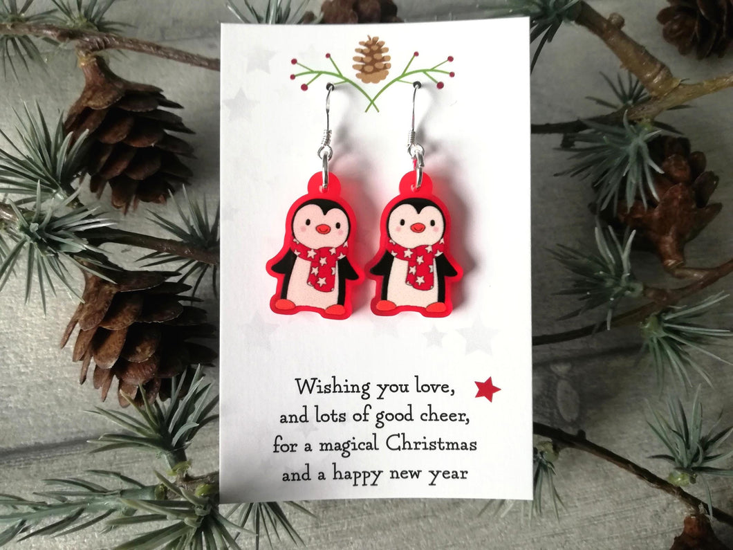 Christmas earrings, Red frosted acrylic, cute, sterling silver hooks, Christmas gingerbread men, snowmen or penguins. Christmas gift