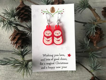 Load image into Gallery viewer, Christmas earrings, Red frosted acrylic, cute, sterling silver hooks, Christmas gingerbread men, snowmen or penguins. Christmas gift
