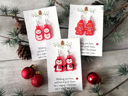 Christmas earrings, Red frosted acrylic, cute, sterling silver hooks, Christmas gingerbread men, snowmen or penguins. Christmas gift