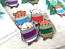 Load image into Gallery viewer, Bears in jumpers enamel pin, polar bear brooch, brown bear, red, blue, green or purple winter jumper, they are wearing matching stripey socks cute enamel pins, great as Christmas gifts
