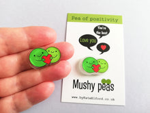 Load image into Gallery viewer, Pea of positivity magnet, tiny recycled acrylic, mini cute happy pea, positive gift, friendship, supportive, care, fridge magnet
