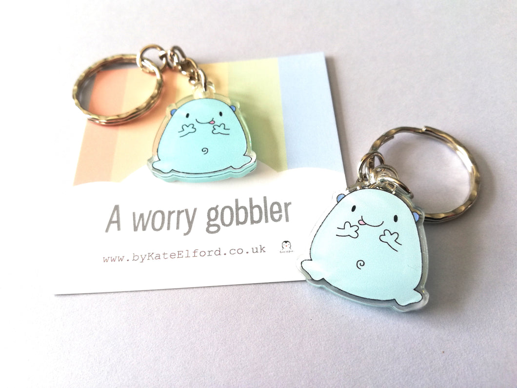 A worry gobbler keyring, cute positive mini key fob, friendship, hug, supportive, anti anxiety recycled acrylic