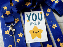 Load image into Gallery viewer, Gold star lanyard. You are a star quick release, ID holder. With matching gift card, Blue and yellow
