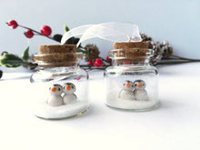 Load image into Gallery viewer, Miniature penguin Christmas decoration. Little pottery penguins in a glass bottle. Christmas, valentine penguin mini ornament
