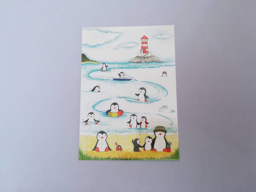 Penguin seaside set of three postcards
