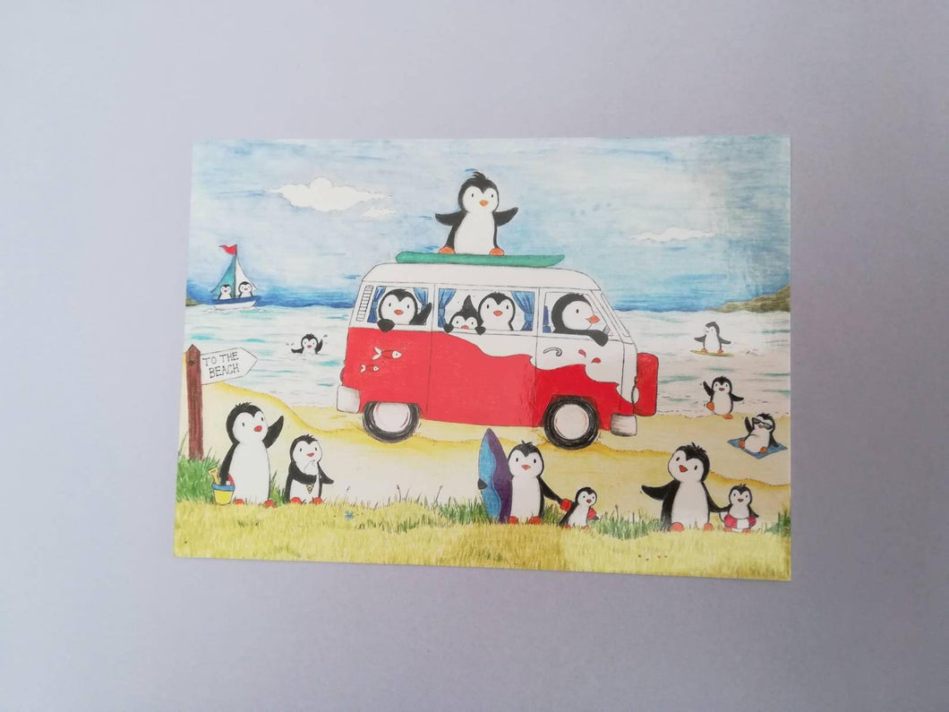 Penguin seaside set of three postcards