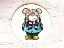 Load image into Gallery viewer, Little grey mouse in a blue coast and green wellies. Design is printed on a round white coaster
