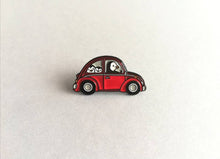 Load image into Gallery viewer, Penguin beetle enamel pin, Wilf on a road trip, little penguin badge, cute car pins, soft enamel brooch pins, blue or red enamel badges
