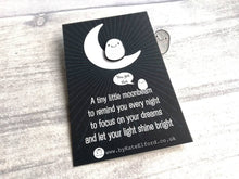 Load image into Gallery viewer, Seconds - A little moon beam enamel pin, tiny cute, positive enamel gift, dream, tiny glitter moonbeam pin
