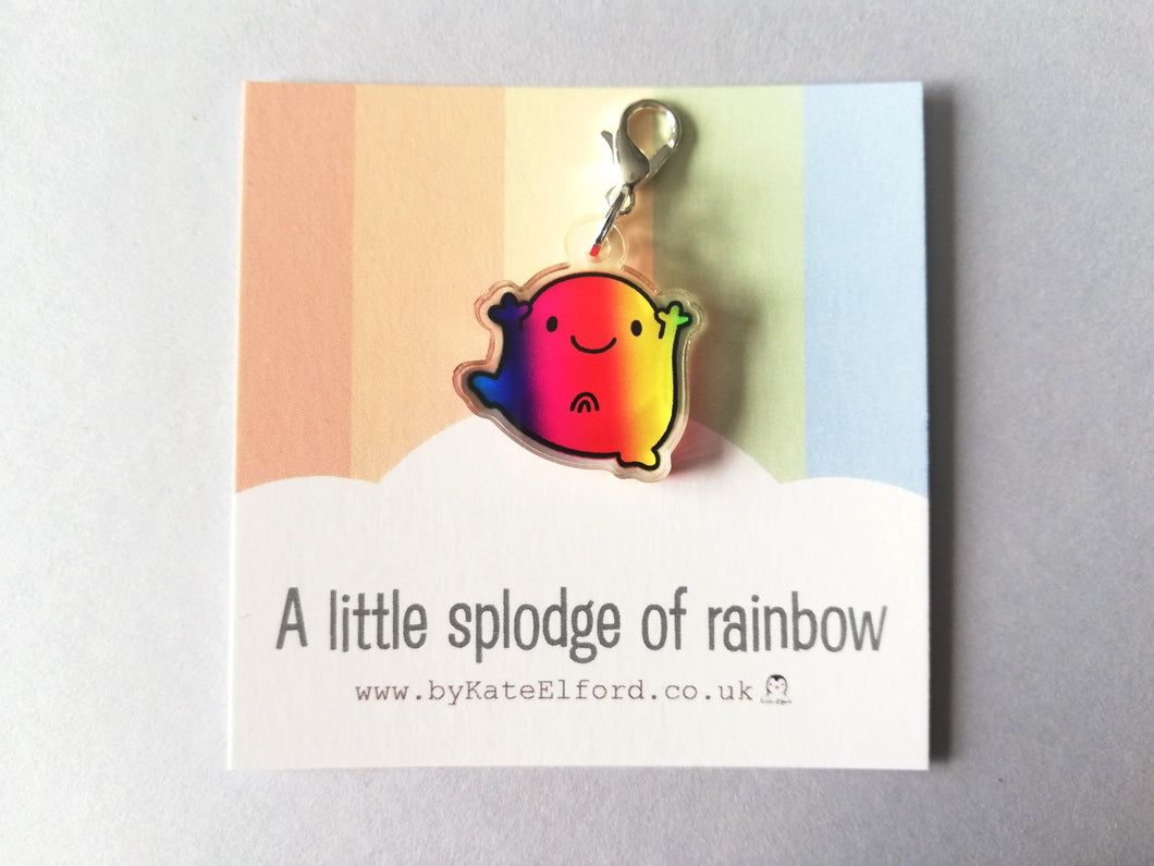A little splodge of rainbow stitch of marker. Made from recycled clear acrylic. A little happy character in rainbow colours