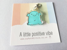 Load image into Gallery viewer, A positive vibe stitch marker, cute positive charm, friendship, positivity, supportive, care, recycled acrylic
