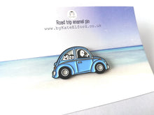 Load image into Gallery viewer, Penguin beetle enamel pin, Wilf on a road trip, little penguin badge, cute car pins, soft enamel brooch pins, blue or red enamel badges
